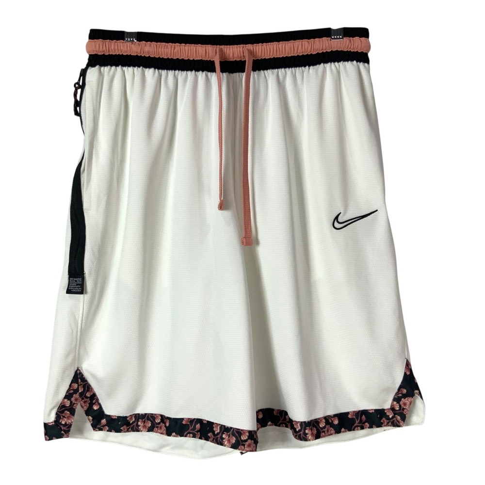 Nike Dri-Fit Basketball White Floral Mesh Shorts L Drawstring Elastic Waistband